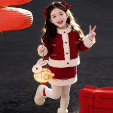 批发女宝红色套装2026新款秋冬季儿童蝴蝶结毛衣开衫麻花半身裙拜年服