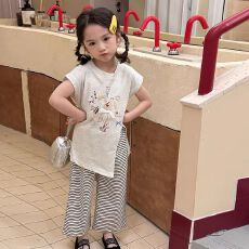 批发女<b class='q'>童</b><b class='q'>洋气</b>套装<b class='q'>2026</b>夏季新款韩系穿搭女宝宝短袖T恤条纹休闲阔腿裤