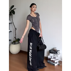 批发美式复古字母印花设计垂感抽绳<b class='q'>休闲裤</b>女慵懒百搭拖地裤ins