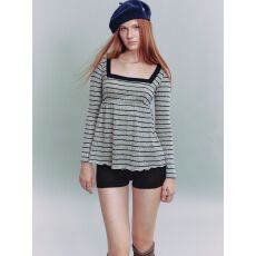 批发方领撞色条纹长袖t恤女波点满印设计早秋显瘦<b class='q'>娃娃衫</b>卷边上衣