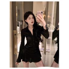 批发配<b class='q'>打底</b>裤一美式长袖短裙收腰显瘦polo领设计感连衣裙