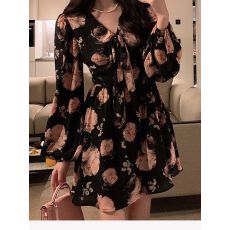 批发<b class='q'>雪纺</b>内里一弹力橡筋收腰<b class='q'>雪纺</b>长袖玫瑰印花连衣裙