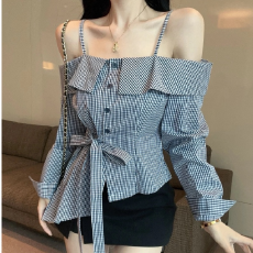 批发一字露肩<b class='q'>格子</b>吊带<b class='q'>衬衫女</b>绑带蝴蝶结修身不规则衬衣