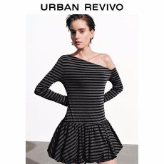 批发2025秋季新款女装斜肩显瘦条纹短裙<b class='q'>连衣裙</b>