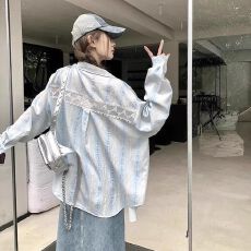 批发度假风穿搭条纹长袖衬衫女春秋薄款衬衣软糯上衣外套<b class='q'>雪纺衫</b>宽松