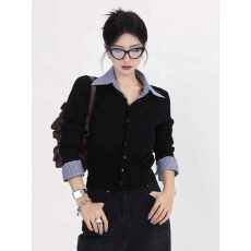 批发格子<b class='q'>衬衫</b>领拼接毛衣外套女秋冬针织开衫外搭<b class='q'>修身</b>假两件打底衫上衣