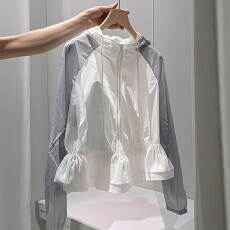 批发短款拼色长袖外套女士<b class='q'>夏</b>季花边拉链连帽上衣防晒衣服防紫