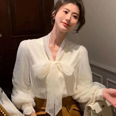 批发蝴蝶结泡泡袖<b class='q'>衬衫女</b>上衣网纱毛绒绒针织蕾丝衫雪纺衫长