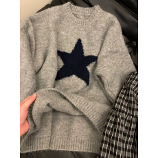 批发美式复古洋气简约风五角星涂鸦圆领长袖毛衣女百搭<b class='q'>通勤</b>减