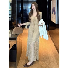 废土风法式喇叭连衣裙秋季长袖系带气质裙子设计