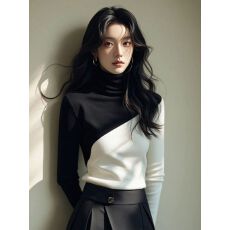 批发撞色拼接堆堆领短款针织打底衫女秋高级内搭高领毛衣<b class='q'>上衣</b>