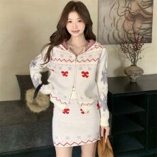 批发韩系甜妹<b class='q'>可爱</b>蝴蝶结连帽毛衣显瘦百搭针织衫上衣短裙两件套