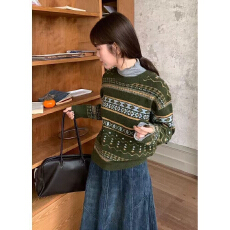 批发费尔岛圣诞氛围毛衣重工提花撞色套头圆领针织衫女秋冬新