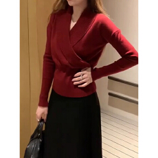 批发V领红色长袖针织衫冬季内搭可外穿毛衣打底衫<b class='q'>轻熟</b>小众不