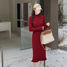 批发2025新款长袖针织<b class='q'>连衣裙</b>女半高领修身内搭打底