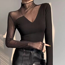 批发半高领长袖T恤女春<b class='q'>秋</b>新款网纱修身内搭打底