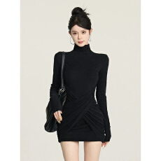 批发半高领交叉褶皱收腰连衣裙秋冬打底内搭修身显瘦包臀裙