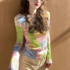 批发新款秋季修身显瘦外穿防晒拼色<b class='q'>印花</b>打底长袖