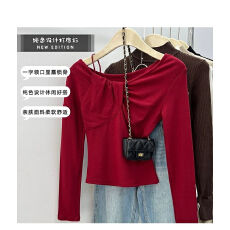 批发酒<b class='q'>红色</b>圣诞节扭结v领小心机t恤秋冬打底衫内搭修身短款长袖<b class='q'>上衣</b>潮