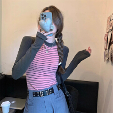 批发粉色条纹正肩长袖T恤女撞色插肩德绒加厚内搭修身秋冬打底衫