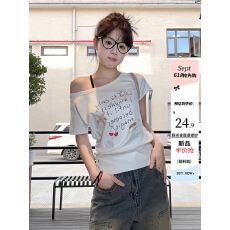 批发韩系ins风斜肩短袖女夏季涂鸦<b class='q'>印花</b>下摆开叉辣妹<b class='q'>t</b><b class='q'>恤</b>修身显瘦上衣潮