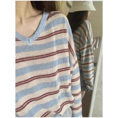 批发慵懒松弛感<b class='q'>条纹</b>v领长袖<b class='q'>针织衫</b>女春季韩系穿搭设计感小众宽松上衣