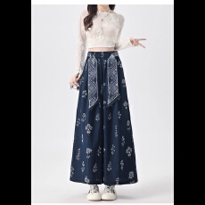 批发垂感<b class='q'>裙裤</b><b class='q'>女</b>夏季薄款新中式印花丝巾系带阔腿<b class='q'>裤</b>