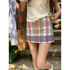 批发彩虹格纹短裙夏季少女甜美感半身裙格子百搭显瘦a字短裙子包臀裙