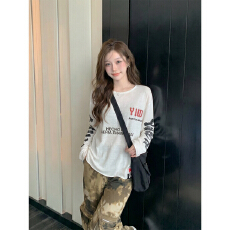 批发美式复古风字母印花长袖T恤女夏薄款白色防晒罩衫休闲上衣