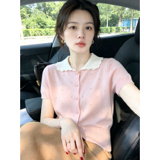 批发甜美撞色娃娃领短袖<b class='q'>针织</b><b class='q'>开衫</b>女2026夏季新款时髦洋气减龄t恤上衣
