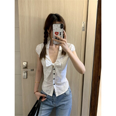 批发法式系波点<b class='q'>短袖</b>衬衫女装夏季蝴蝶结短款收腰衬衣白色上衣