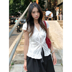 批发韩系蕾丝花边白色<b class='q'>短袖</b>衬衫女夏季纯欲肌理感系带<b class='q'>短袖</b>上衣
