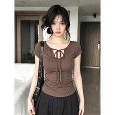批发系带镂空短袖<b class='q'>T</b><b class='q'>恤</b>女夏季新款修身显瘦时尚百搭上衣