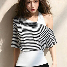 批发罩衫短袖<b class='q'>T</b><b class='q'>恤</b>女夏季新款条纹修身显瘦两件套上衣