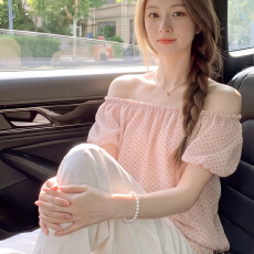 批发多巴胺穿搭粉色波点泡泡袖露肩<b class='q'>衬衫</b>女<b class='q'>夏季</b>独特漂亮显瘦短袖娃娃衫