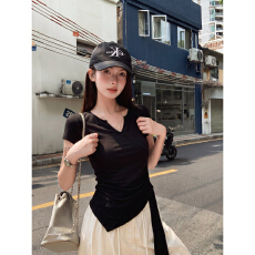 批发黑色收腰绑带<b class='q'>不规则</b>短袖t恤女夏季2026新款韩系设计感上衣