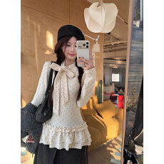 批发韩系白色波点绑带长袖t恤女秋季花边<b class='q'>裙摆</b>叠穿打底衫<b class='q'>上衣</b>