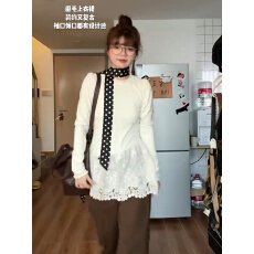 批发德绒蕾丝钩花<b class='q'>裙摆</b>式长袖T恤女秋中长款内搭打底衫修身显瘦<b class='q'>上衣</b>