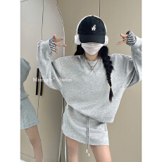 批发美式休闲运动套装女早秋高级感慵懒风宽松炸街灰色卫衣短裙两件套