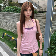批发甜辣风星星满印假两件吊带背心女<b class='q'>夏</b>修身显瘦外穿粉色上衣