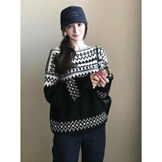 冬日费尔岛软糯厚实毛衣女复古一字领老钱撞色提花套头针织衫上衣