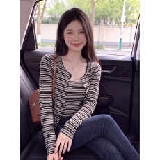 批发条纹针织两件套女秋装时尚气质漂亮穿搭修身<b class='q'>显瘦</b>开衫外搭吊带上衣