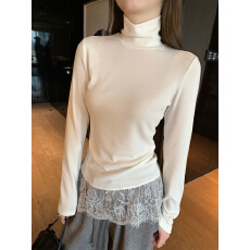 批发甜美风蕾丝花边半高领内搭长袖<b class='q'>t</b><b class='q'>恤</b>女秋冬季修身打底上衣