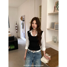 批发南韩艺术生 <b class='q'>衬衫</b>马甲假两件上衣女早秋减龄韩系<b class='q'>学院风</b>