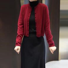 批发欧货<b class='q'>高端</b>时髦气质酒红色针织开衫女春秋美式新款别致减龄简约上衣