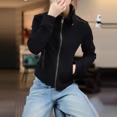 批发美式街头复古黑色立领<b class='q'>夹克</b>短卫衣女士春季显瘦收腰赫本风气质上衣