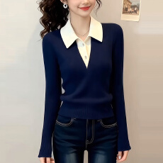 批发时尚气质优雅风拼色翻领针织衫女2025秋季新款<b class='q'>轻熟</b>百搭显瘦上衣潮