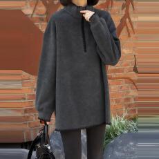 批发<b class='q'>中长款</b>无帽立领灰色<b class='q'>卫衣</b>女款2025新款爆款秋冬宽松慵懒遮屁股上衣