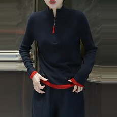 批发美式复古简约立领半拉链撞色打底衫<b class='q'>女</b>2025年长袖显瘦<b class='q'>大码</b>内搭保暖