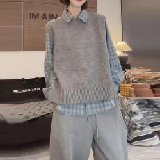 批发绝美大方得体叠穿上衣两件套女秋冬季学院风针织马甲<b class='q'>格子衬衫</b>套装